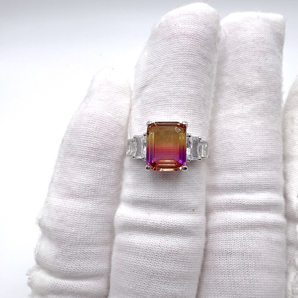 .925 Sterling Silver Padparadscha Sapphire Cz Ring - Picture 14 of 17